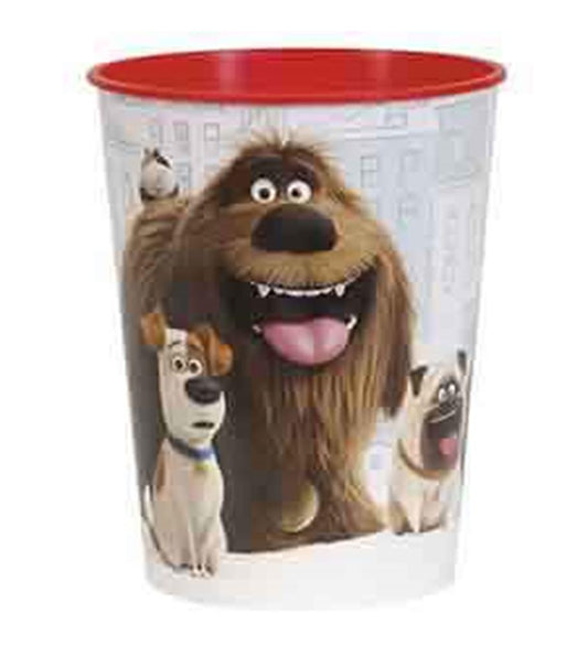16oz plastic favor cup with red rim featuring cartoon dogs from The Secret Lives of Pets.