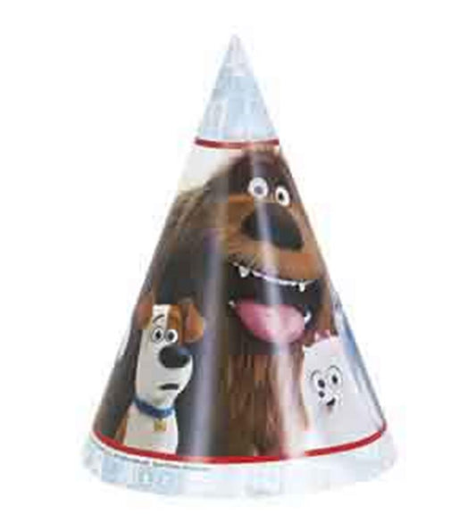 Cone-shaped party hat featuring colorful characters from The Secret Lives of Pets on a glossy white background.