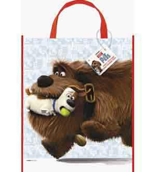 White canvas tote bag featuring brown dog character holding a small white dog with a tennis ball, with red handles and trim.