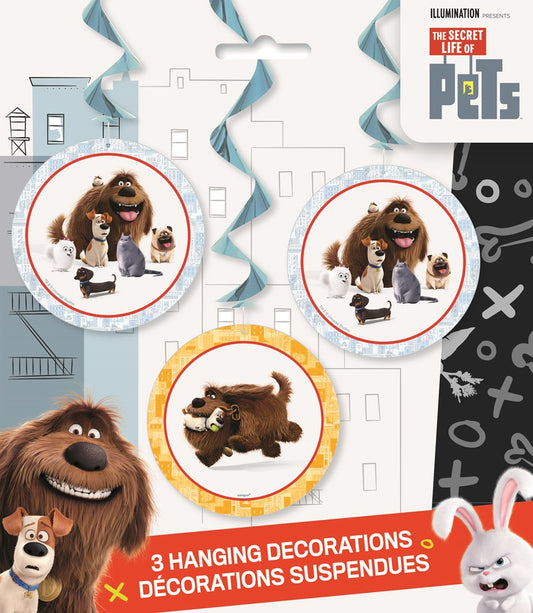 Round hanging decorations featuring characters from The Secret Life of Pets, with white, orange, and red swirl borders.