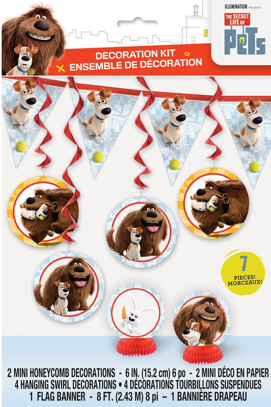 Seven-piece party decor kit featuring honeycomb paper decorations and hanging swirls in red, yellow, and white, decorated.