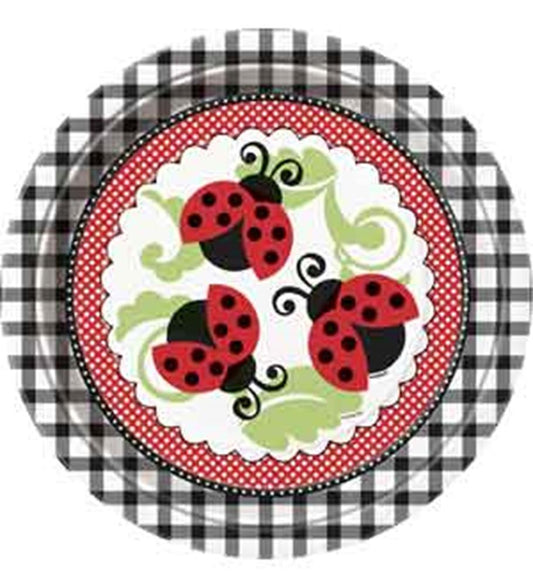 9-inch round paper plate with black and white gingham border, red polka dot inner circle, and three red ladybugs with black.