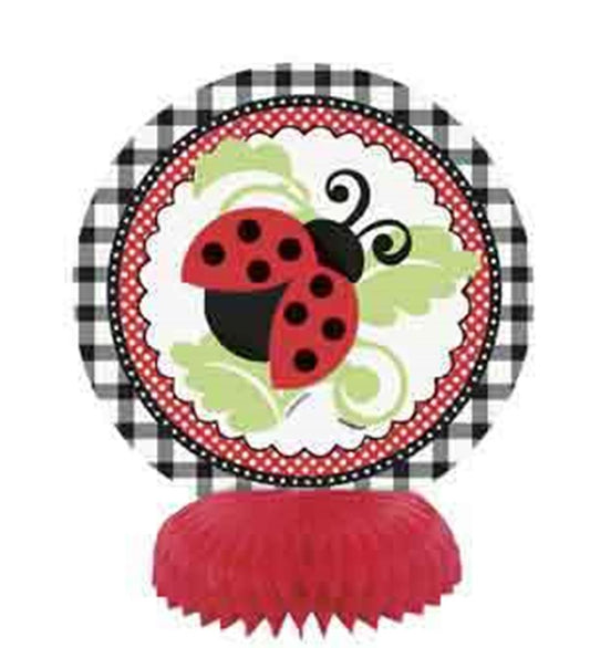 Round decorative paper honeycomb with black-and-white checkered border, red and black ladybug on green leaves, and red.