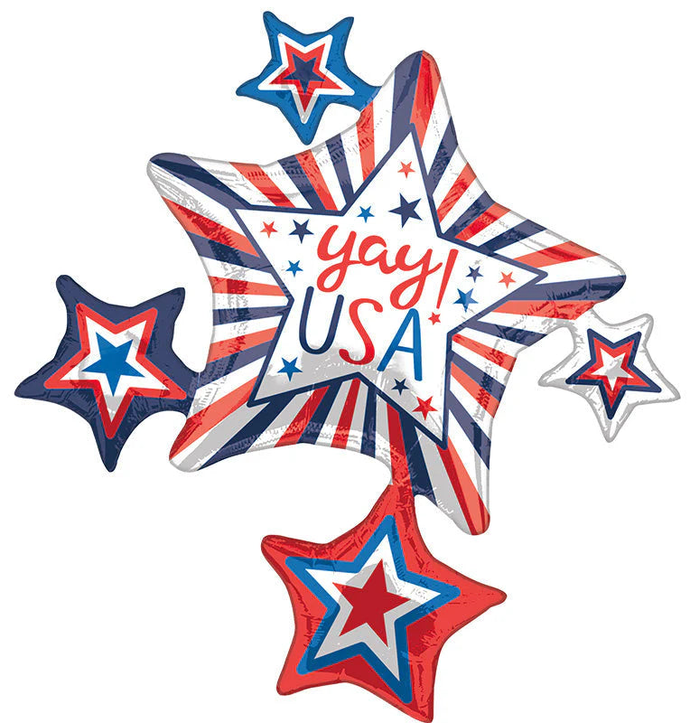 Star-shaped 35-inch foil balloon with red, white, and blue stripes and stars, reading "yay! USA".