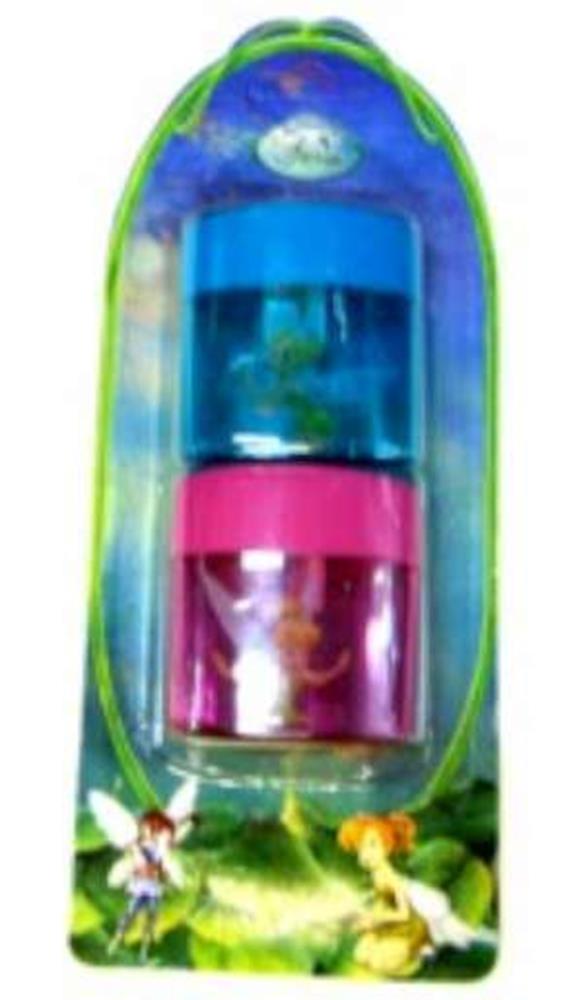 Blue and pink cylindrical pencil sharpener with Tinkerbell design, packaged on green Disney-themed backing card.