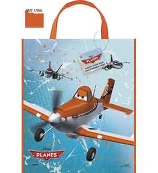 Blue fabric tote bag with orange trim and handles, featuring a Disney Planes character and flying planes graphic.