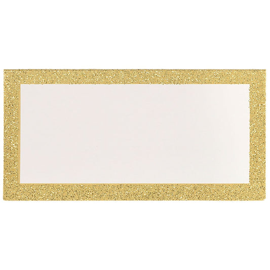 Rectangular white place card with a sparkling gold glitter border.