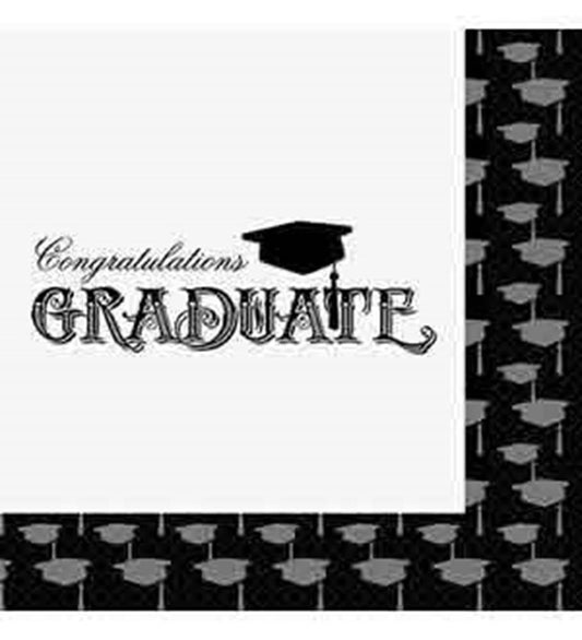 White napkin with black "Congratulations Graduate" text and a black graduation cap, black border with repeating graduation.