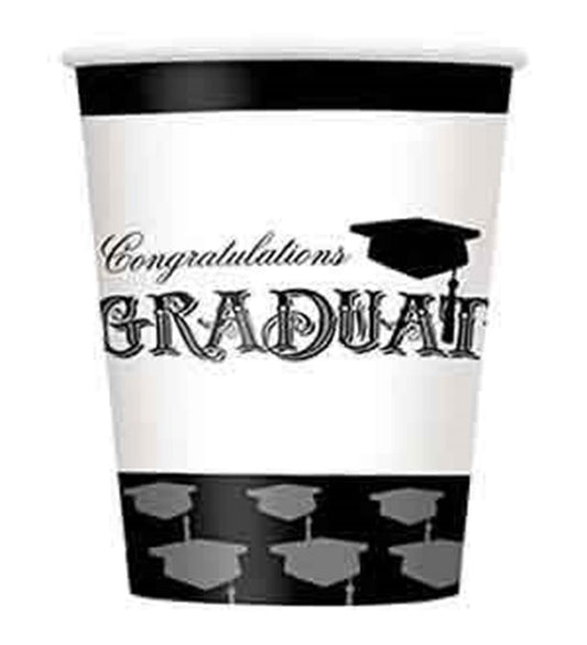 White disposable cup with black "Congratulations Graduate" text, black graduation cap graphics, and black border accents.