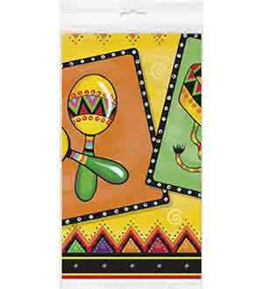 Colorful tablecover with maracas and vibrant Mexican-inspired patterns on yellow, orange, and green patches.