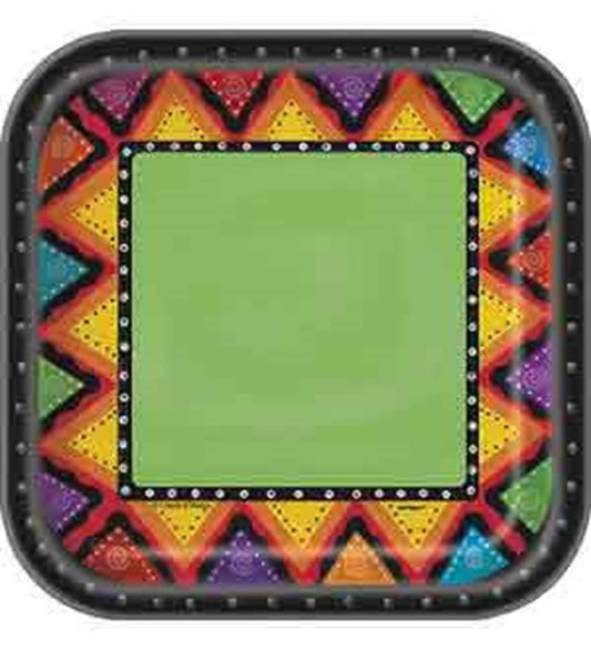 Square paper plate with bright green center and colorful zigzag border in red, yellow, purple, blue, and orange.