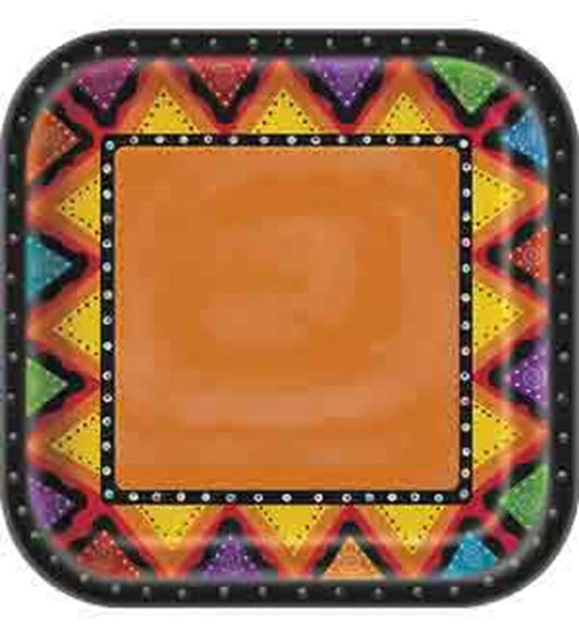 Square paper plate with bright orange center and colorful zigzag border in black, yellow, purple, red, and green.