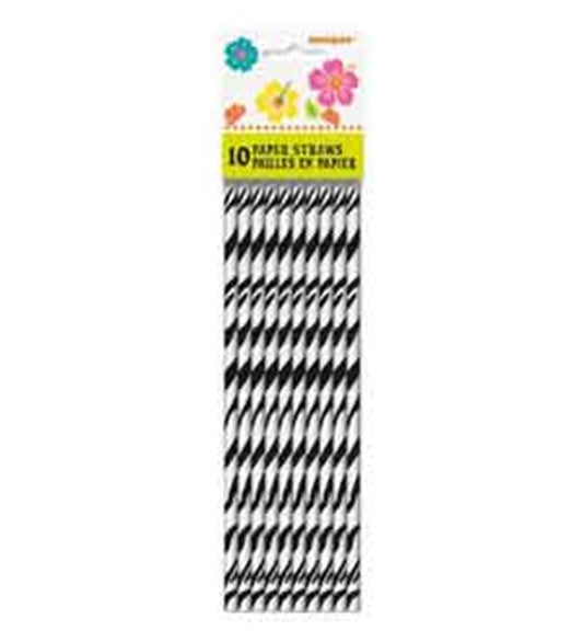 Set of 10 black and white zebra striped paper straws in clear packaging with yellow label.