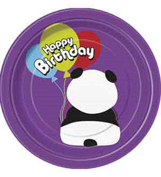 Purple round paper plate featuring a panda holding balloons with "Happy Birthday" text.