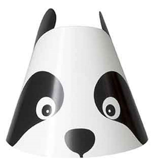 White cone-shaped party hats with black panda eyes, nose, and ears, made of paper.