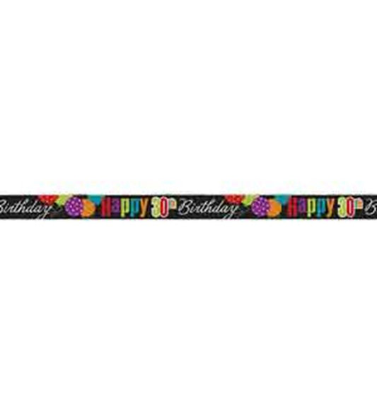 Black foil banner with colorful letters spelling "Happy 30th Birthday" and festive confetti designs.
