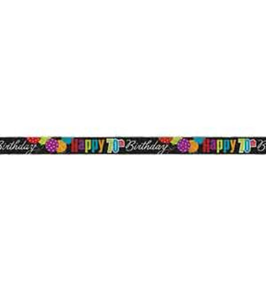 Colorful "Happy 70 Birthday" foil banner with confetti and party hat designs on black background.