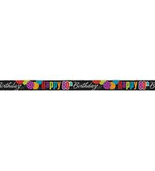 Black foil banner with multicolored "Happy 80th Birthday" text and colorful confetti patterns.