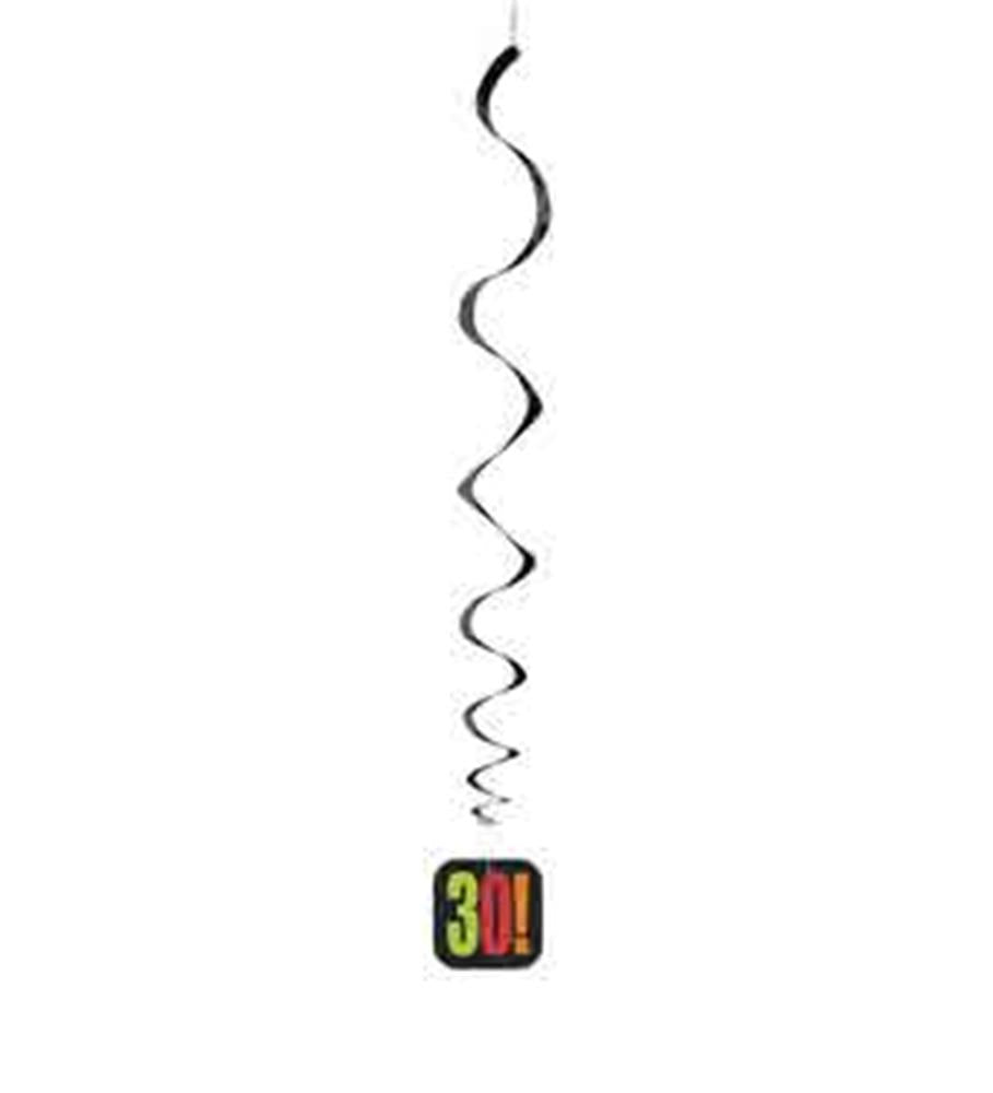 Black square hanging swirl with colorful "30!" text for milestone birthday decoration.