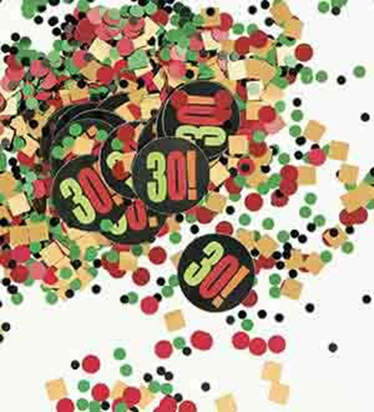 Red, green, gold foil confetti with round black pieces featuring gold and red "30!" text for milestone birthday celebration.