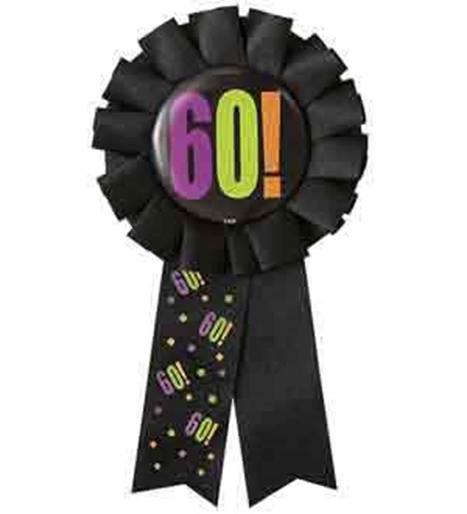 Black fabric award ribbon with large "60!" in purple, lime green, and orange on center medallion and tails with repeating.