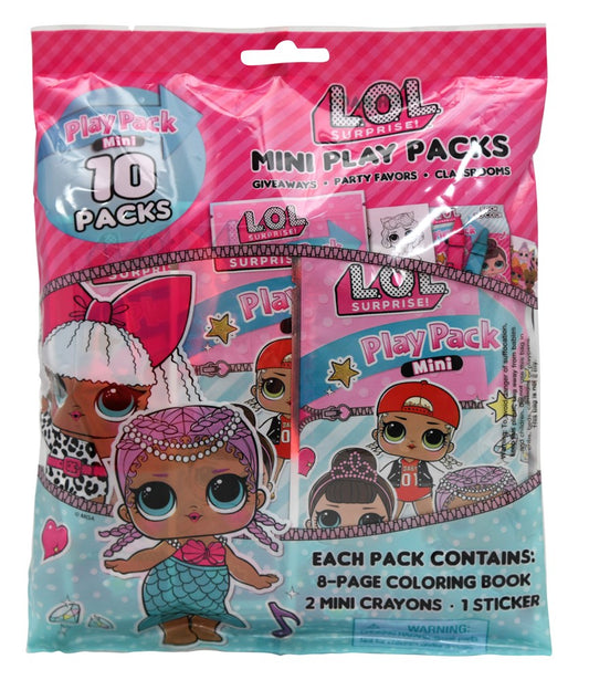 Pink resealable bag containing 10 LOL Surprise Mini Play Packs with colorful cartoon characters and hearts on packaging.