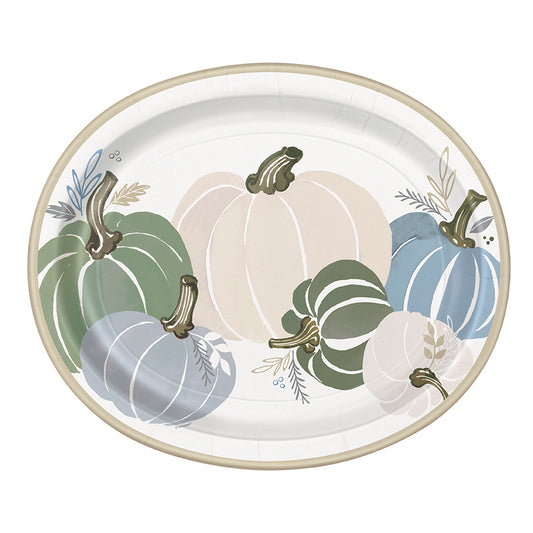 Oval white ceramic plate with pastel pumpkins in blue, green, and cream shades, 12-inch size.