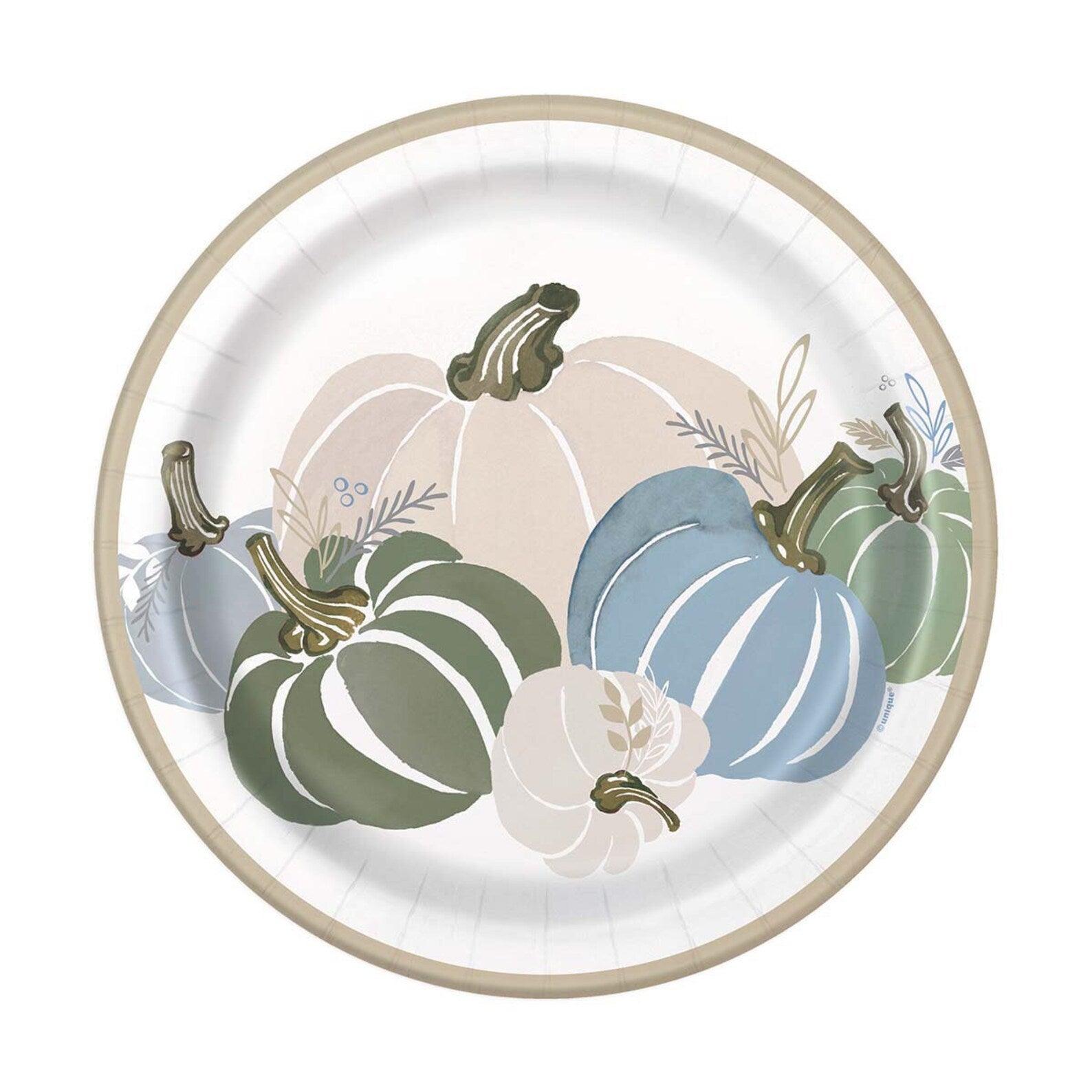 Round white 9-inch paper plate with beige rim, featuring pastel pumpkins in blue, green, and cream with delicate leaf.