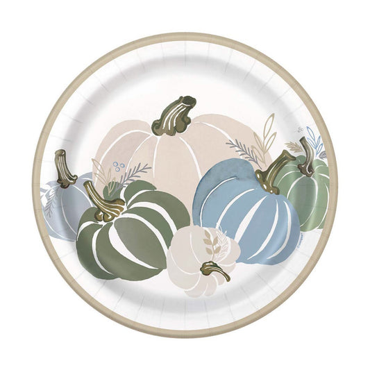 Round white 9-inch paper plate with beige rim, featuring pastel pumpkins in blue, green, and cream with delicate leaf.