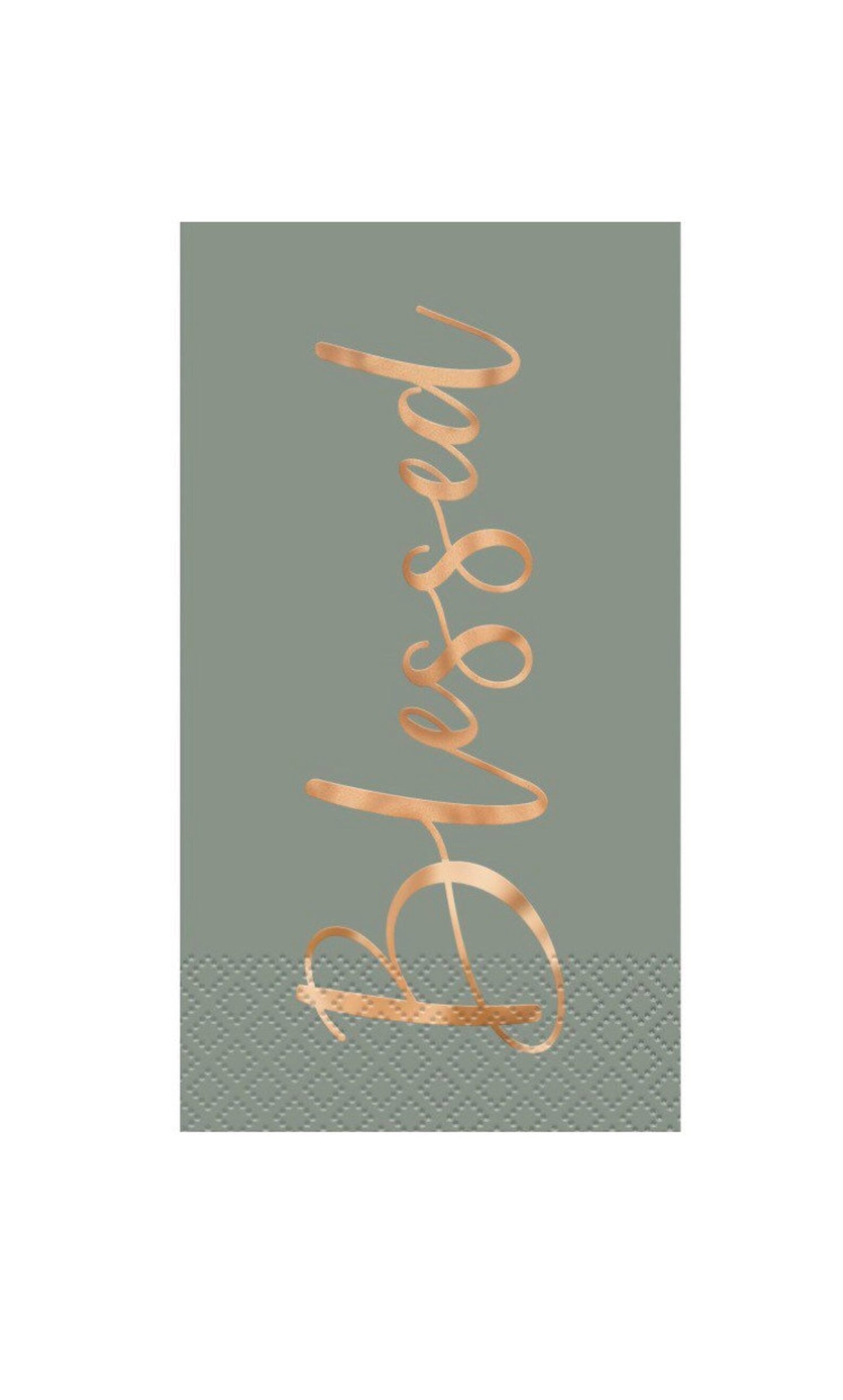 Rectangular muted sage-green paper napkin with cursive gold foil "Blessed" lettering and subtle dotted border pattern.