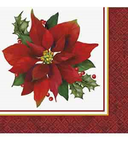 Christmas napkin with large red poinsettia, green holly leaves, red berries, and gold-trimmed white center on red textured.