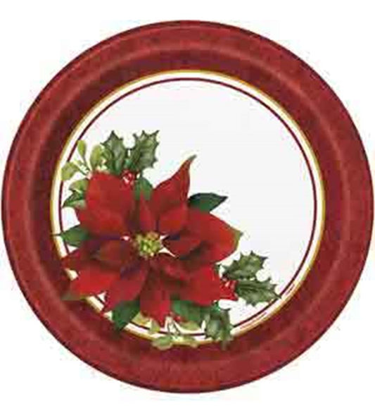 Round paper plate with deep red border and gold trim, featuring a large red poinsettia and green holly leaves design on.