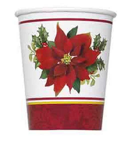 White 9oz cup with large red poinsettia and green holly leaves, red and gold trim.