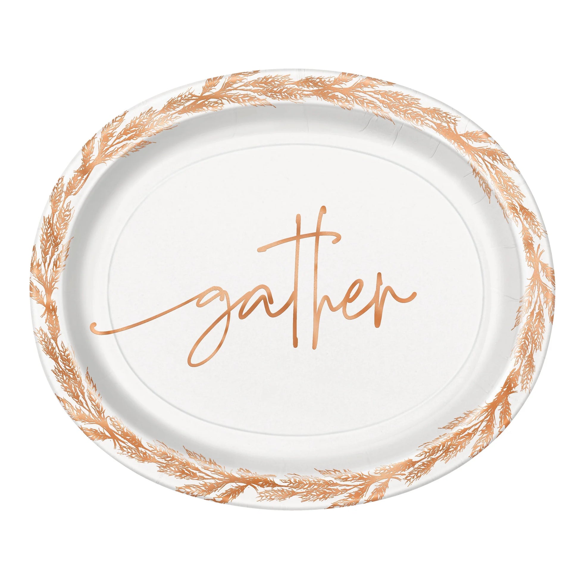 12-inch white oval plate with copper leaf border and "gather" script in copper cursive.