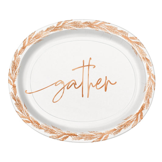 12-inch white oval plate with copper leaf border and "gather" script in copper cursive.