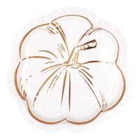 White pumpkin-shaped paper plate with gold embossed lines and stem, 8.25-inch, set of 8.