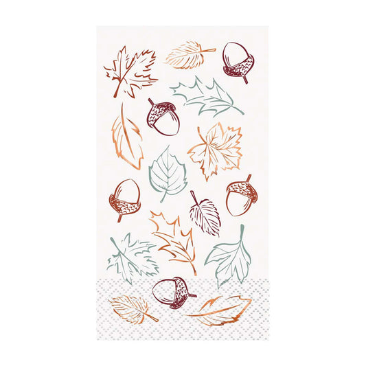White paper napkin with orange, brown, and green autumn leaves and acorn illustrations, textured border.