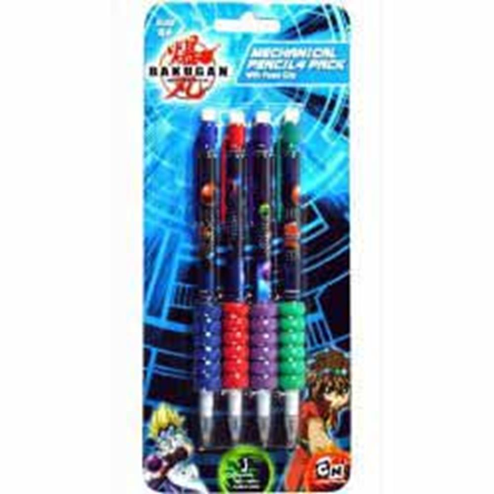 Set of four Bakugan mechanical pencils with black barrels, each featuring colorful grip sections in blue, red, green, and.