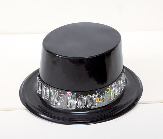 Glossy black top hat with a silver band featuring colorful New Year countdown numbers and designs.
