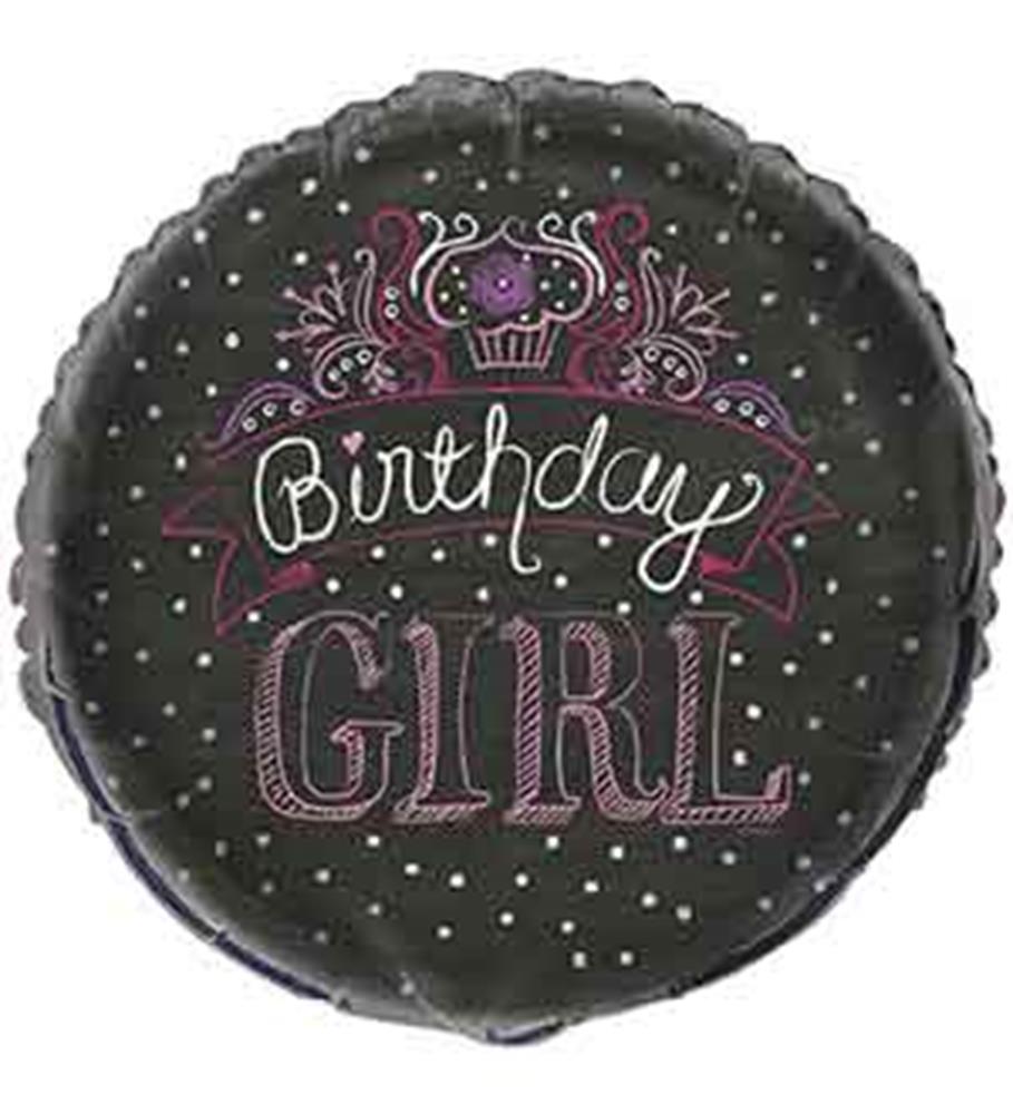 Round black foil balloon with white polka dots, pink cupcake graphic, and "Birthday Girl" text in pink and white cursive.