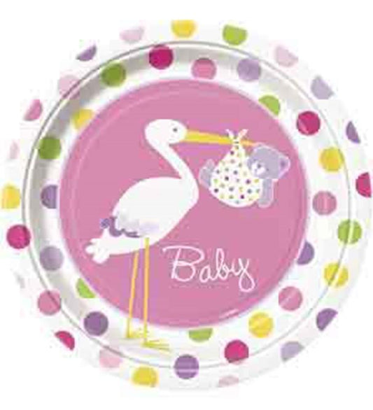 Baby Girl Stork 9in Plate 8ct