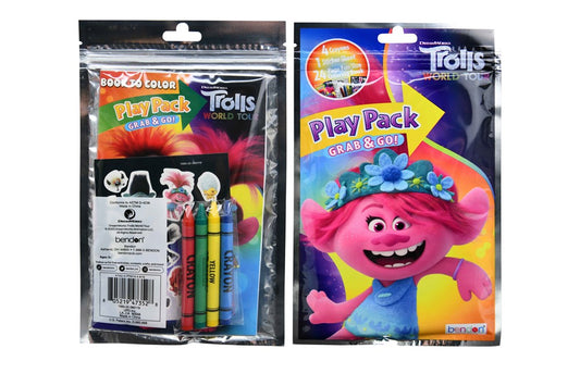 Trolls 2 Grab n Go Play Pack with colorful crayons and mini coloring book featuring Poppy character on the cover.