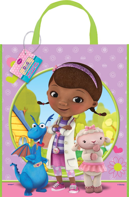 Purple canvas tote bag with green handles featuring Doc McStuffins and her toy friends in colorful cartoon design.