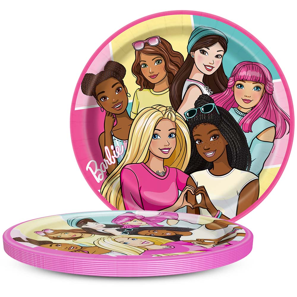 Round pink plastic plates featuring diverse Barbie characters in colorful outfits and the Barbie logo.