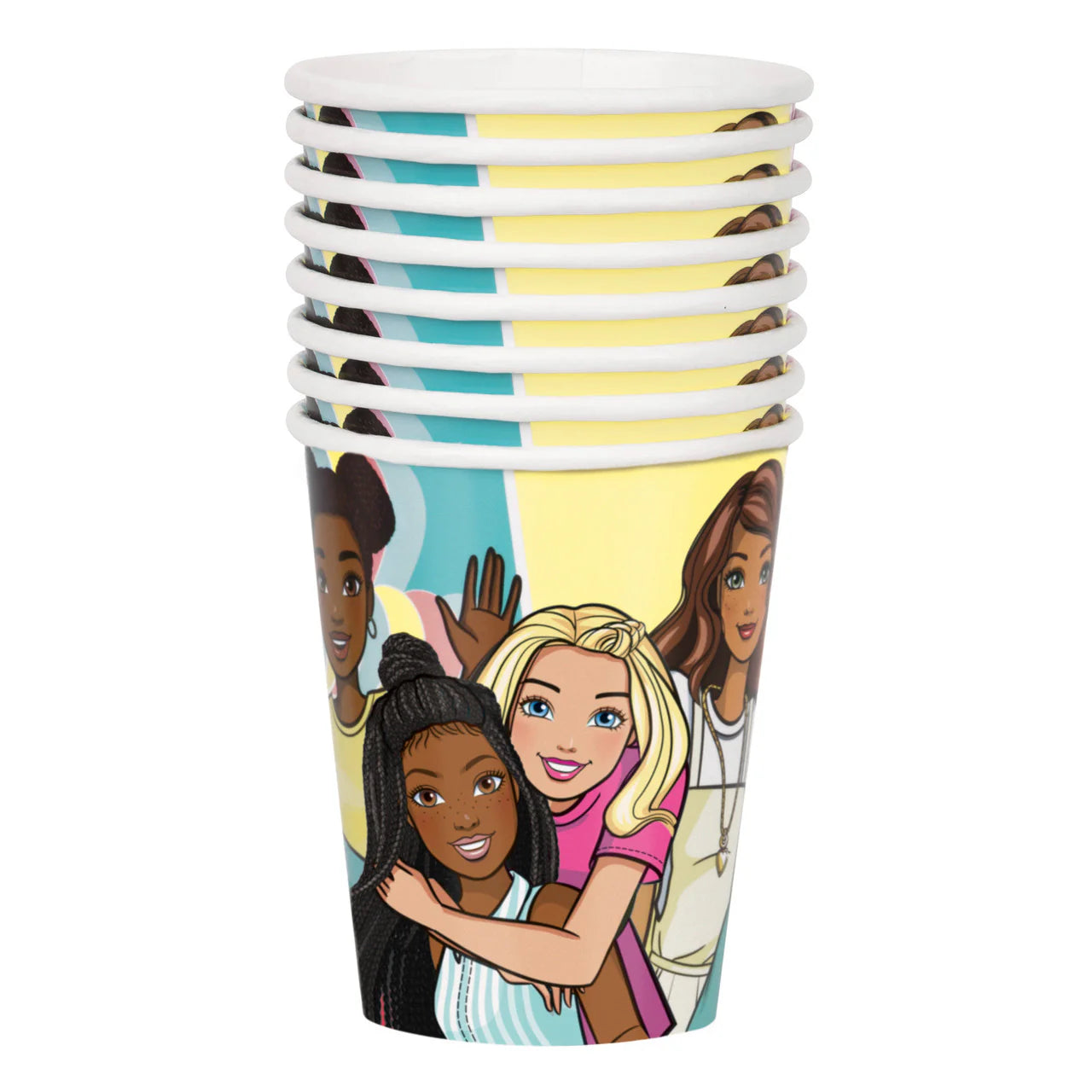 Stack of eight colorful plastic cups featuring diverse Barbie characters with smiling faces and bright backgrounds.