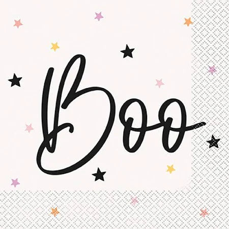 White Halloween napkin with "Boo" in large black script and scattered black, pink, and orange stars.