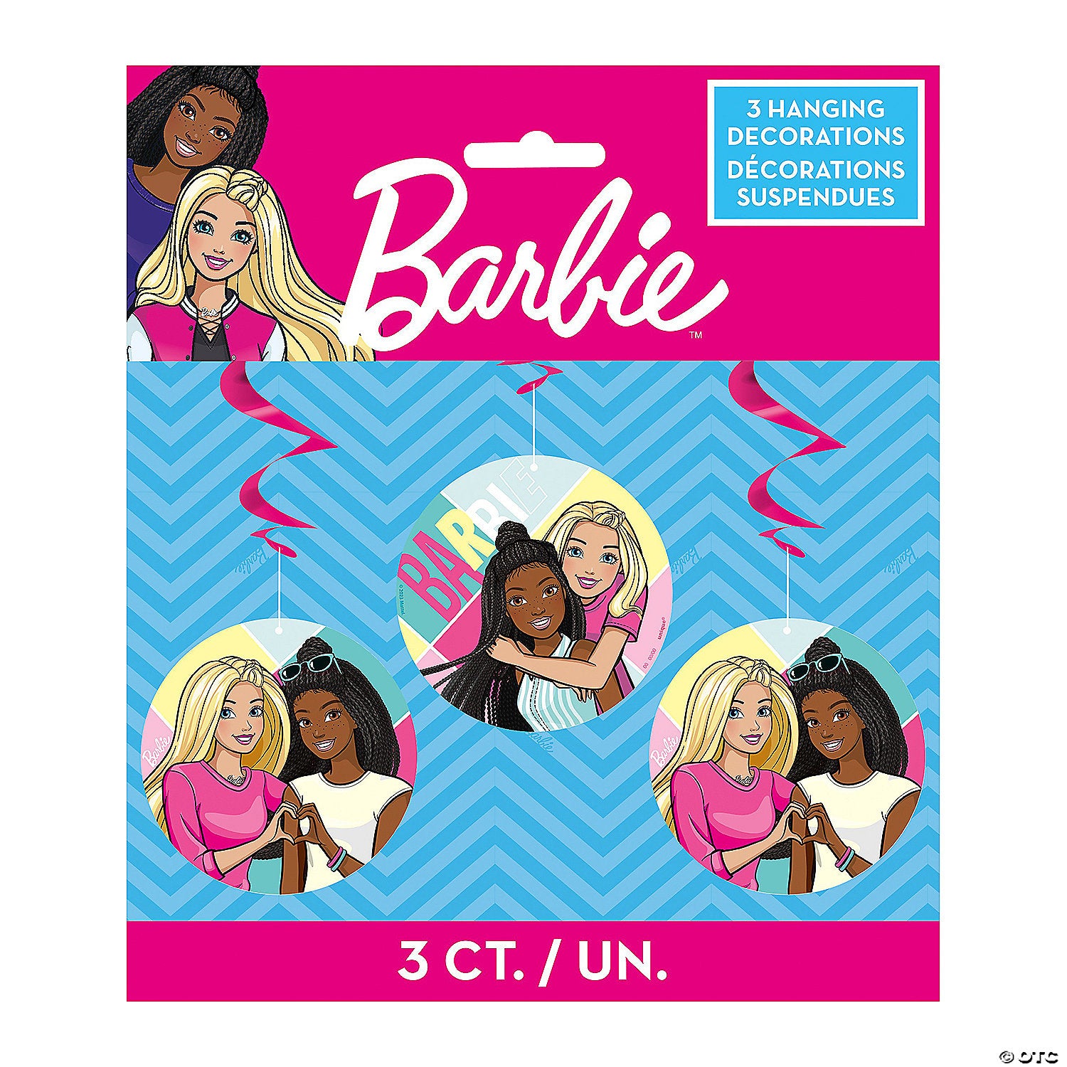 Set of three 26-inch hanging swirl decorations with pink spirals and round Barbie-themed cutouts featuring diverse Barbie.