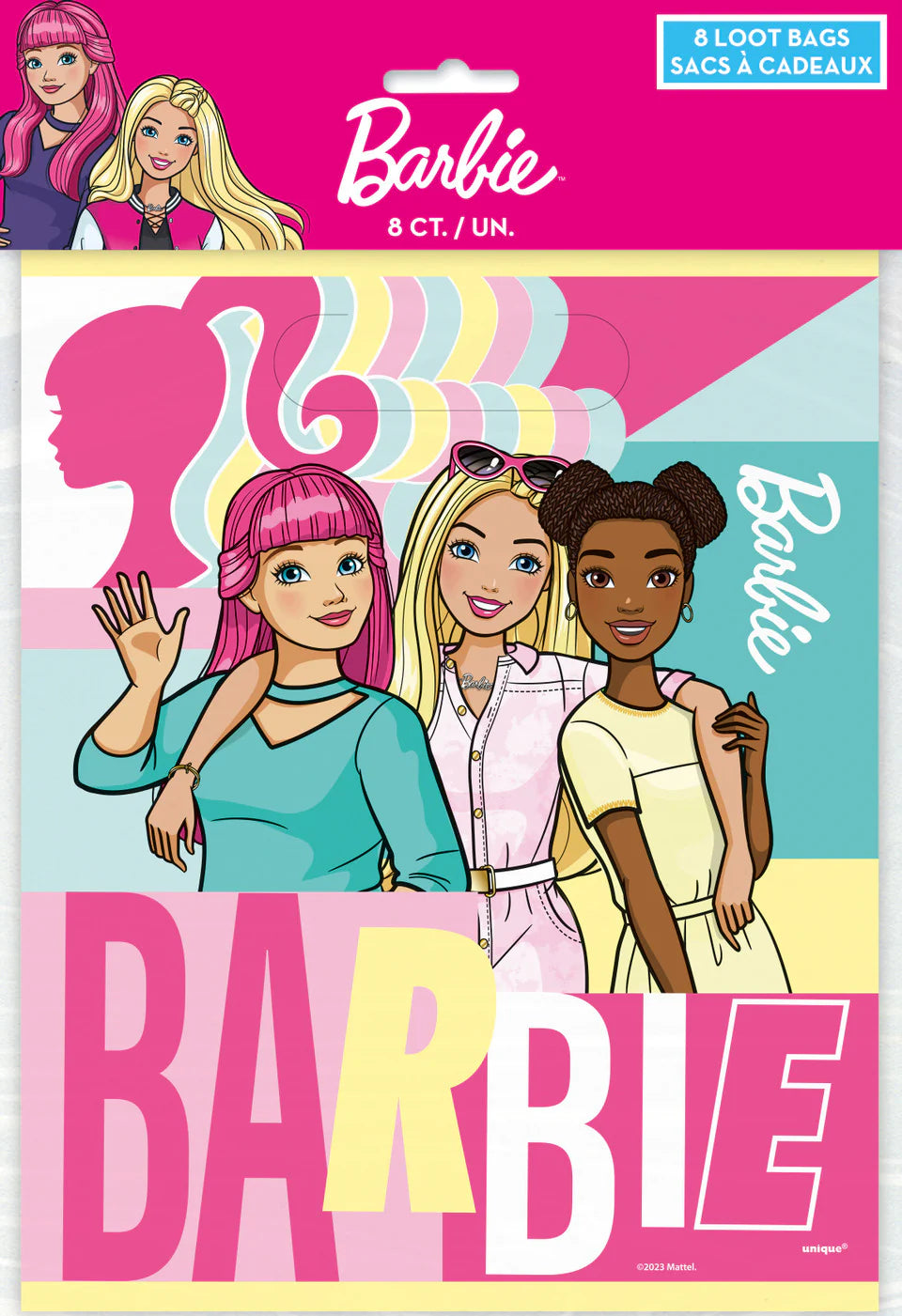 Colorful Barbie-themed loot bags with illustrated diverse Barbie characters and bold pink logo text.