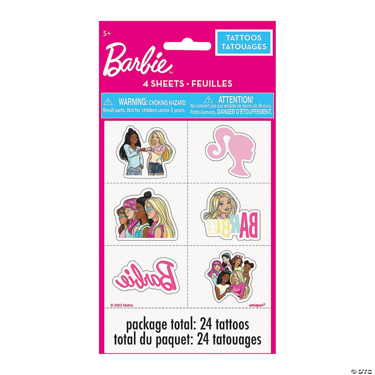 Pack of Barbie-themed temporary tattoos featuring four sheets with colorful cartoon designs and Barbie logo.