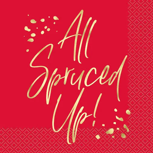 Red paper lunch napkin with gold foil script reading "All Spruced Up!" and a textured border pattern.